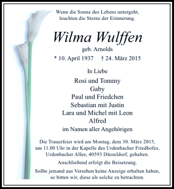 Todesanzeige von Wulffen Wilma von Rheinische Post