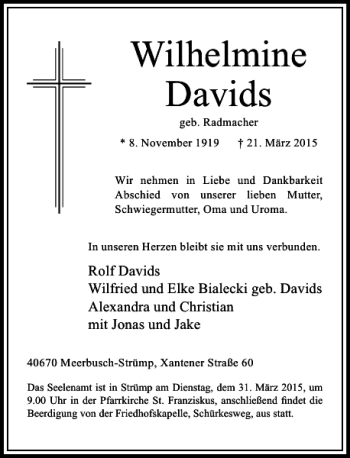 Todesanzeige von Davids geb. Radmacher Wilhelmine von Rheinische Post