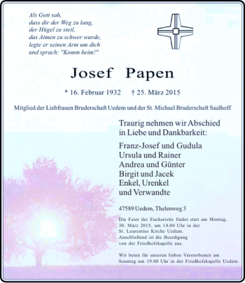 Todesanzeige von Papen Josef von Rheinische Post