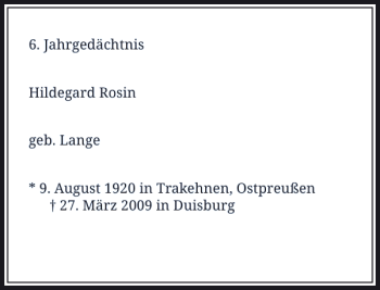 Todesanzeige von Rosin Hildegard von Rheinische Post