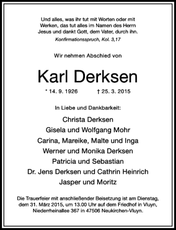 Todesanzeige von Derksen Karl von Rheinische Post