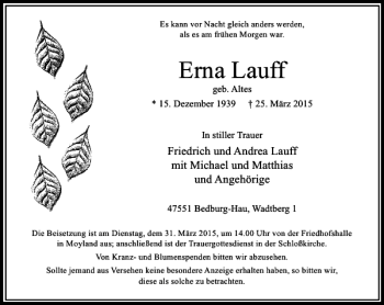 Todesanzeige von Lauff geb. Altes Erna von Rheinische Post