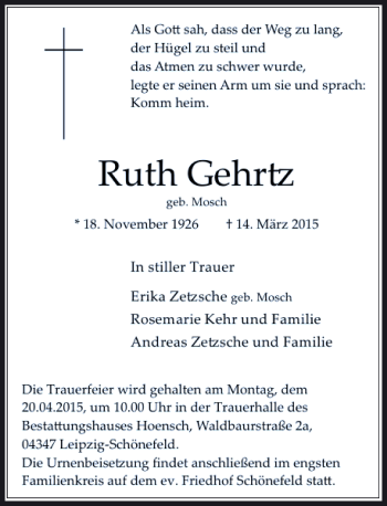 Todesanzeige von Gehrtz Ruth von Rheinische Post