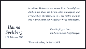Todesanzeige von Spelsberg Hanna von Rheinische Post