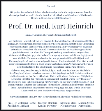 Todesanzeige von Dr. med. Kurt Heinrich Prof. von Rheinische Post