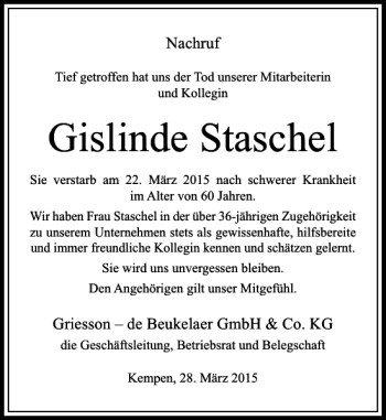 Todesanzeige von Staschel Gislinde von Rheinische Post