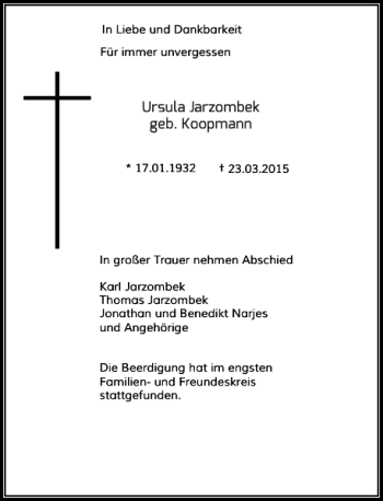 Todesanzeige von Jarzombek geb. Koopmann Ursula von Rheinische Post