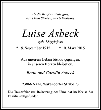 Todesanzeige von Asbeck geb. Mägdefrau Luise von Rheinische Post