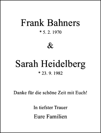Todesanzeige von Bahners Sarah Heidelberg Frank von Rheinische Post