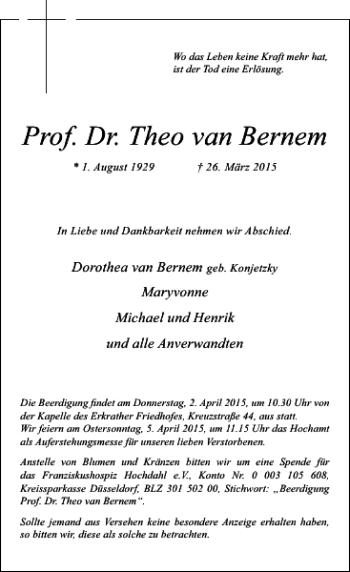 Todesanzeige von Dr. Theo van Bernem Prof. von Rheinische Post
