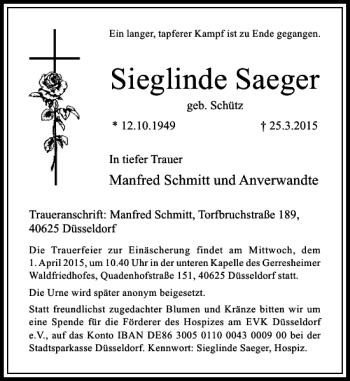 Todesanzeige von Saeger Sieglinde von Rheinische Post