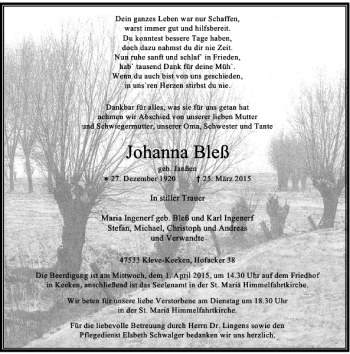 Todesanzeige von Bleß geb. Janßen Johanna von Rheinische Post