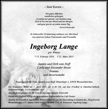 Todesanzeige von Lange Ingeborg von Rheinische Post