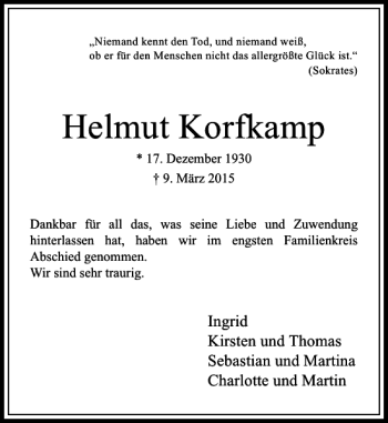 Todesanzeige von Korfkamp Helmut von Rheinische Post