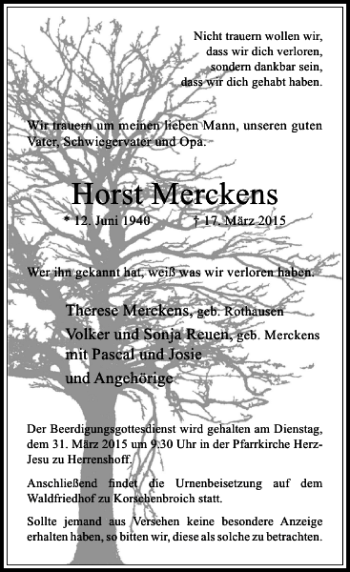 Todesanzeige von Merckens Horst von Rheinische Post