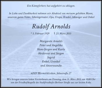 Todesanzeige von Arnolds Rudolf von Rheinische Post