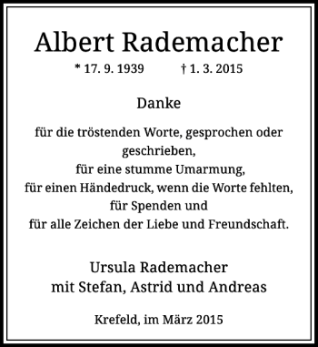 Todesanzeige von Rademacher Albert von Rheinische Post