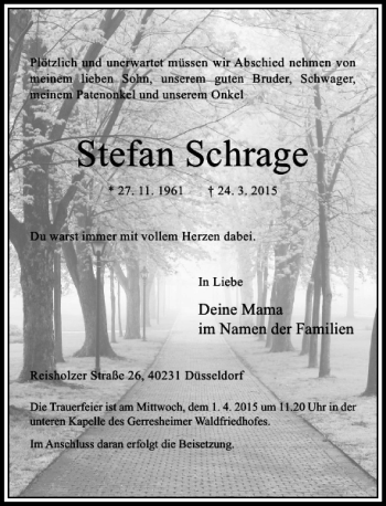 Todesanzeige von Schrage Stefan von Rheinische Post