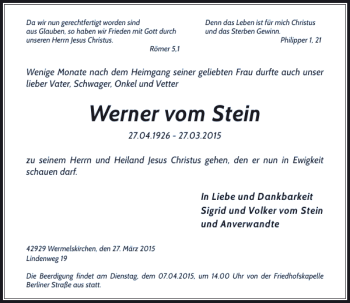 Todesanzeige von vom Stein Werner von Rheinische Post