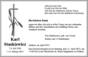 Todesanzeige von Staskiewicz Karl von Rheinische Post