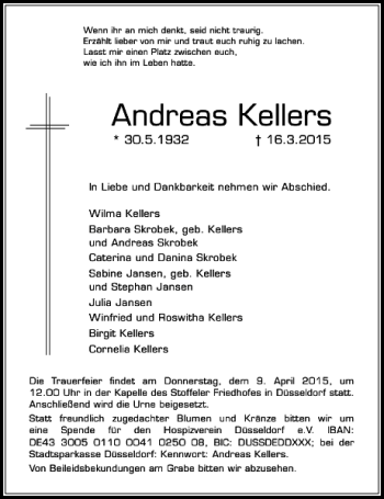 Todesanzeige von Kellers Andreas von Rheinische Post