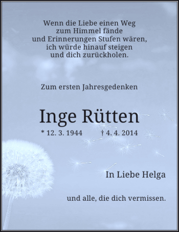 Todesanzeige von Rütten Inge von Rheinische Post