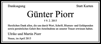 Todesanzeige von Piorr Günter von Rheinische Post