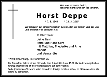 Todesanzeige von Deppe Horst von Rheinische Post