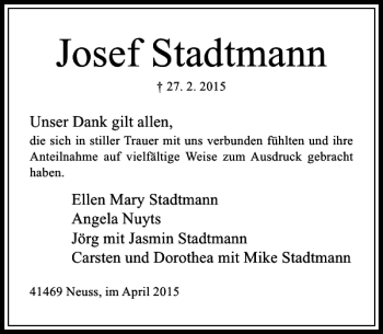 Todesanzeige von Stadtmann Josef von Rheinische Post