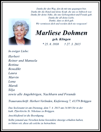 Todesanzeige von Dohmen Marliese von Rheinische Post