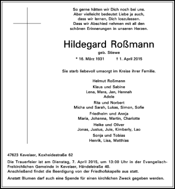 Todesanzeige von Roßmann geb. Stiewe Hildegard von Rheinische Post