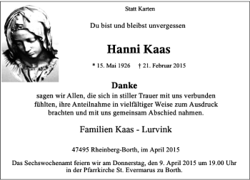 Todesanzeige von Kaas Hanni von Rheinische Post