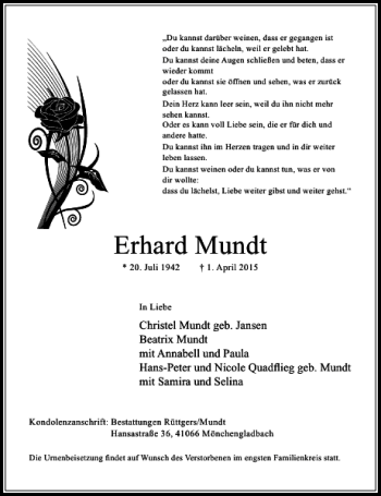 Todesanzeige von Mundt Erhard von Rheinische Post