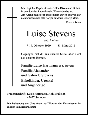 Todesanzeige von Stevens geb. Lankes Luise von Rheinische Post