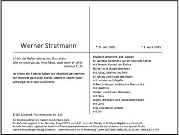 Todesanzeige von Stratmann Werner von Rheinische Post