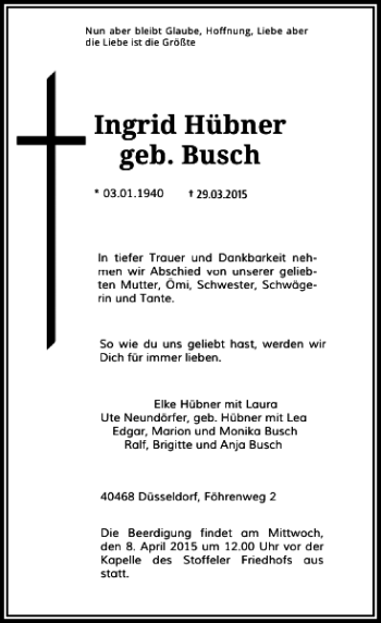 Todesanzeige von Hübner geb. Busch Ingrid von Rheinische Post