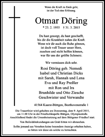 Todesanzeige von Döring Otmar von Rheinische Post