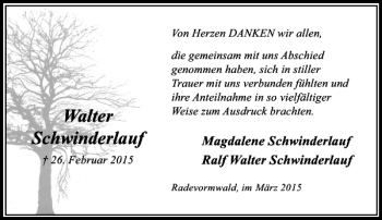 Todesanzeige von Schwinderlauf Walter von Rheinische Post