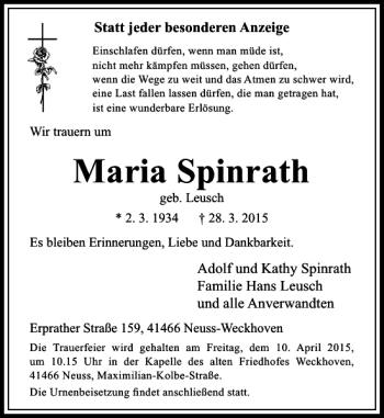 Todesanzeige von Spinrath Maria von Rheinische Post