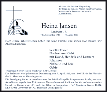 Todesanzeige von Jansen Heinz von Rheinische Post