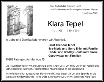 Todesanzeige von Tepel Klara von Rheinische Post