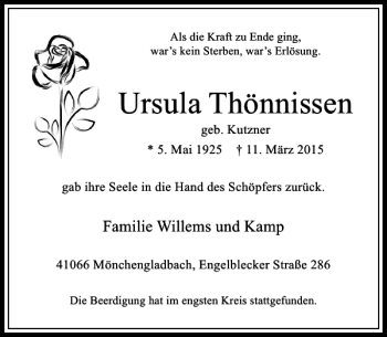 Todesanzeige von Thönnissen Ursula von Rheinische Post