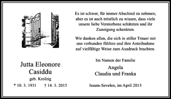 Todesanzeige von Eleonore Casiddu Jutta von Rheinische Post
