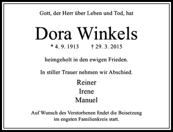 Todesanzeige von Winkels Dora von Rheinische Post