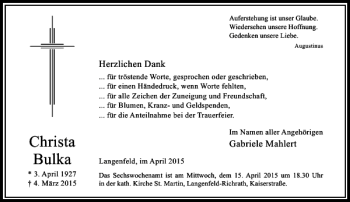 Todesanzeige von Bulka Christa von Rheinische Post