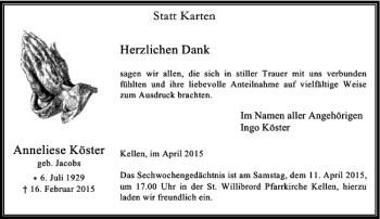 Todesanzeige von Köster Anneliese von Rheinische Post