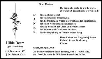 Todesanzeige von Beem Hilde von Rheinische Post