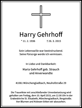 Todesanzeige von Gehrhoff Harry von Rheinische Post