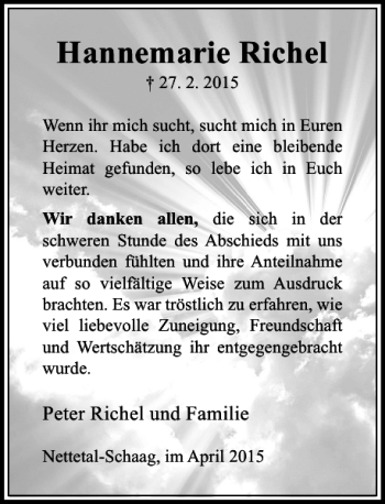 Todesanzeige von Richel Hannemarie von Rheinische Post