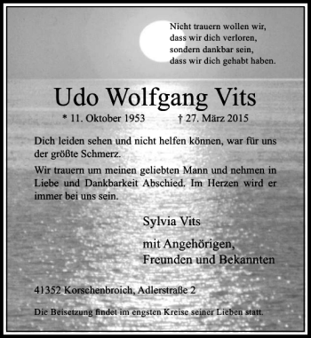 Todesanzeige von Wolfgang Vits Udo von Rheinische Post
